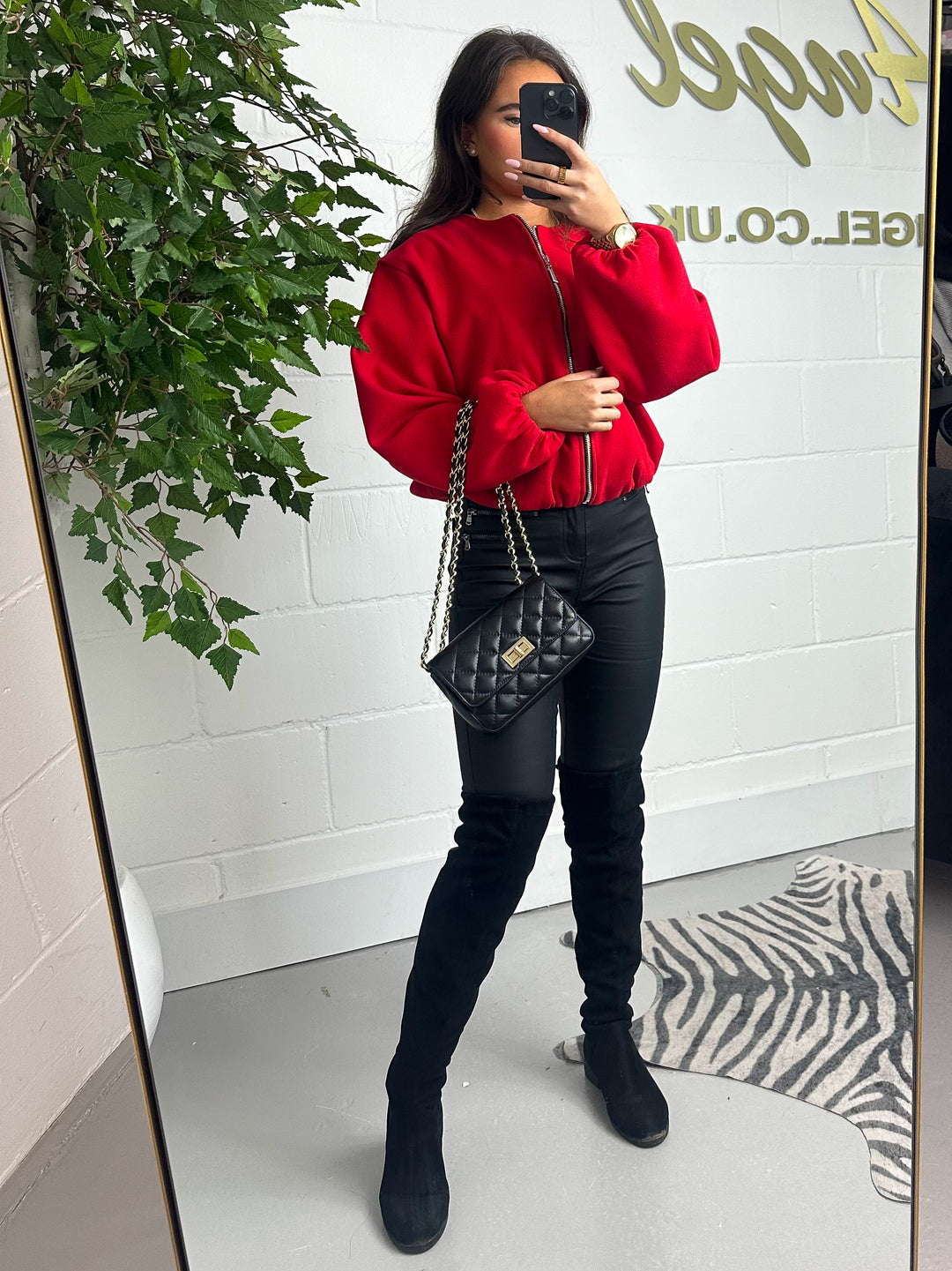 Red Cropped Puff Sleeve Zip Up Bomber Jacket