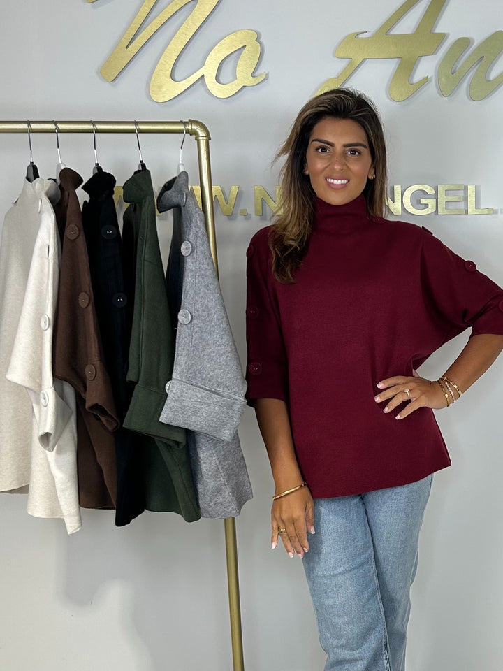 Soft Knit High Neck Button Sleeve Jumper (6 Colours)