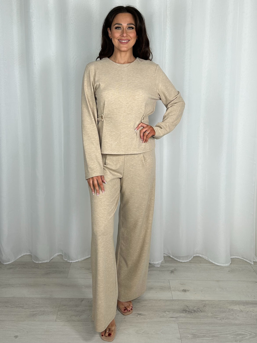 Long Sleeve Gold Button Waist Tailored Top & Trouser Co-Ord (3 Colours)