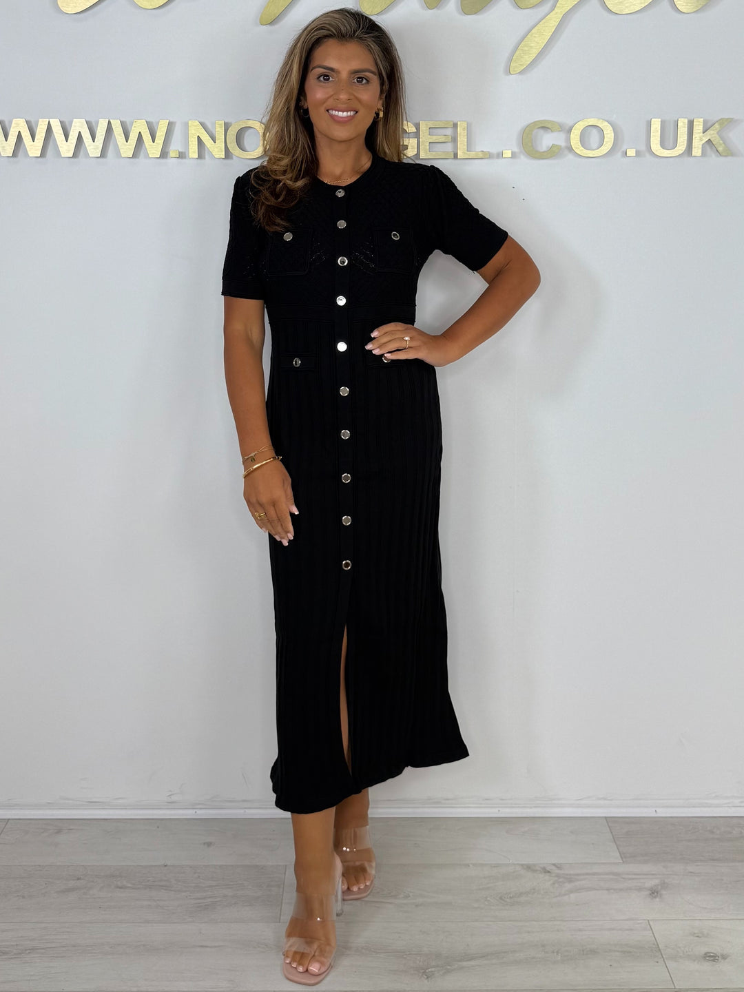 Button Short Sleeve Knitted Front Split Maxi Dress (2 Colours)