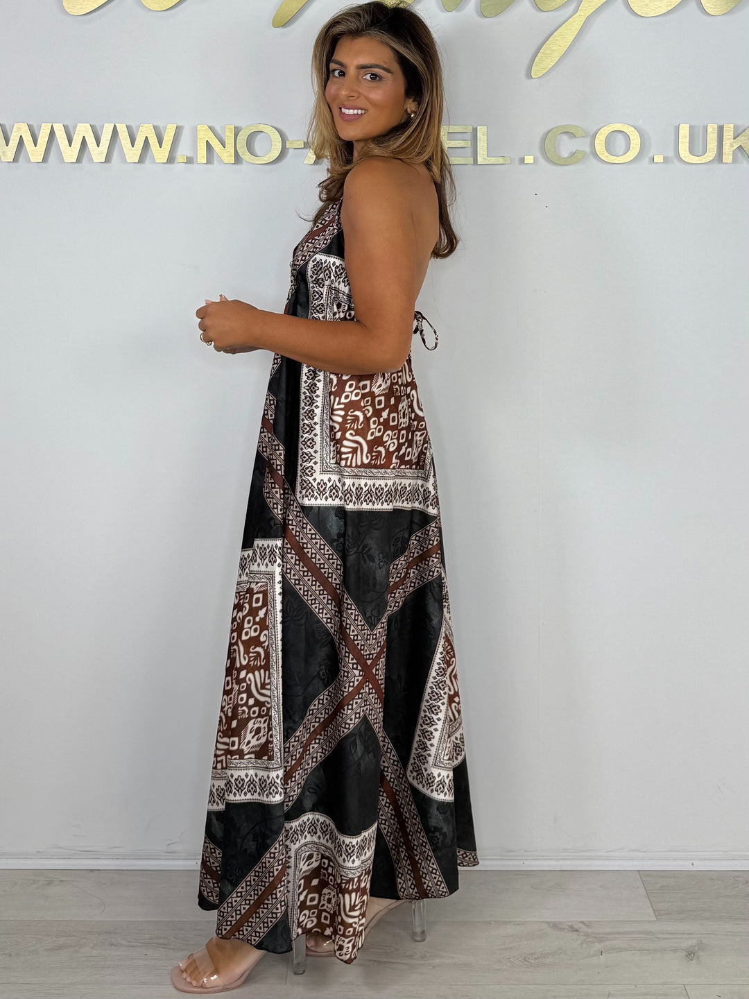 Black/Brown Printed Halter Neck Tie Floaty Maxi Dress