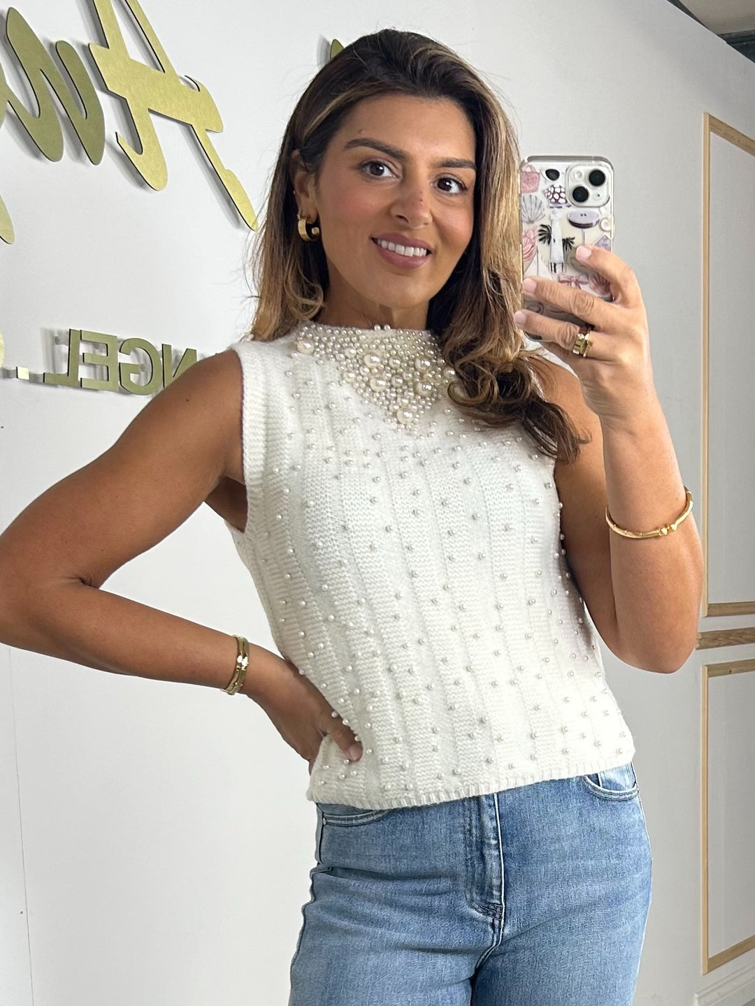 Scattered Pearl Sleeveless Knit Jumper (2 Colours)