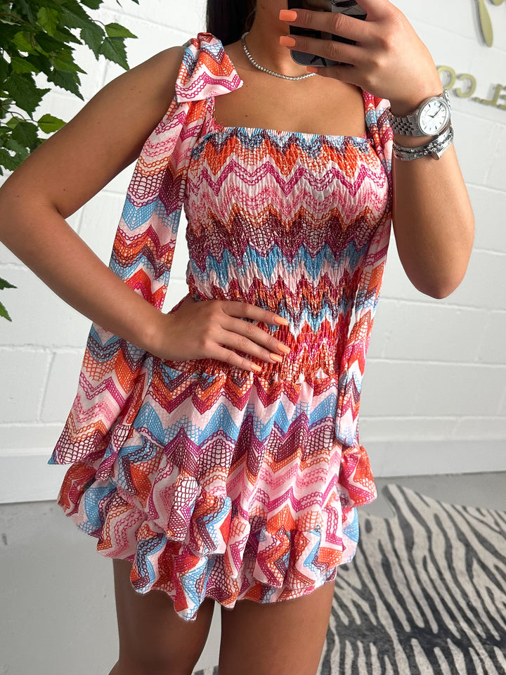 Zig Zag Bow Shoulder Frilly Playsuit