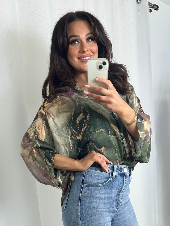 Silk Mix Marble Print Top With Undervest