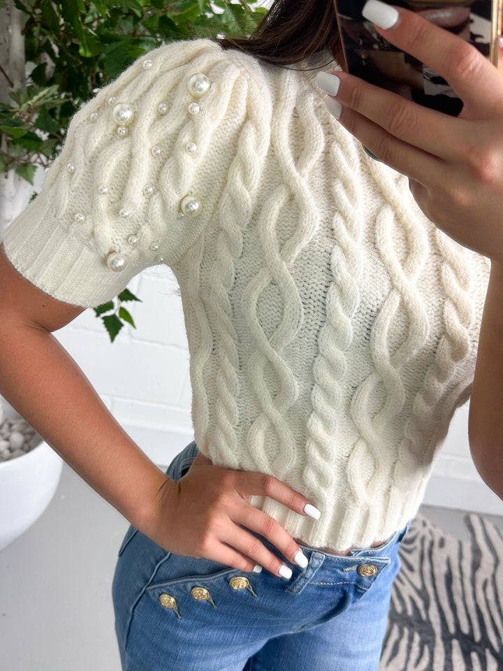 Knitted Puff Sleeve Pearl Detail Cropped Jumper ( 2 colours )