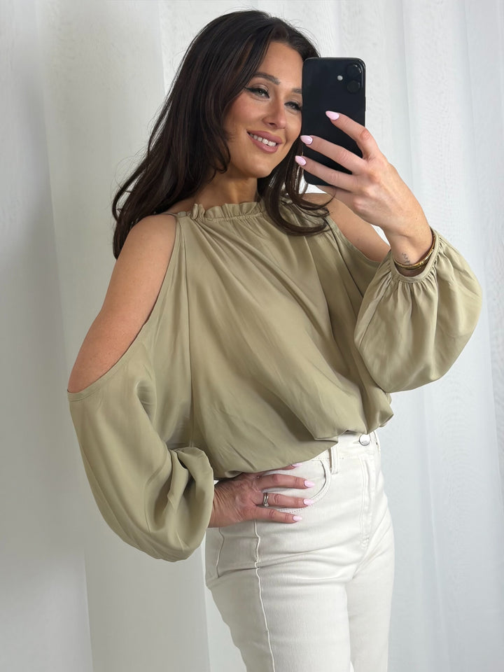 Sage Green Cut Out Balloon Sleeve Top