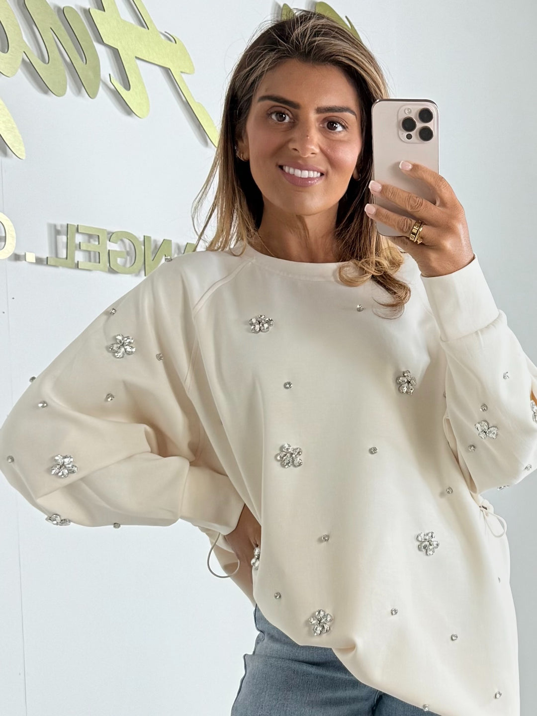 Cream Drawstring Back Diamante Flower Oversize Jumper
