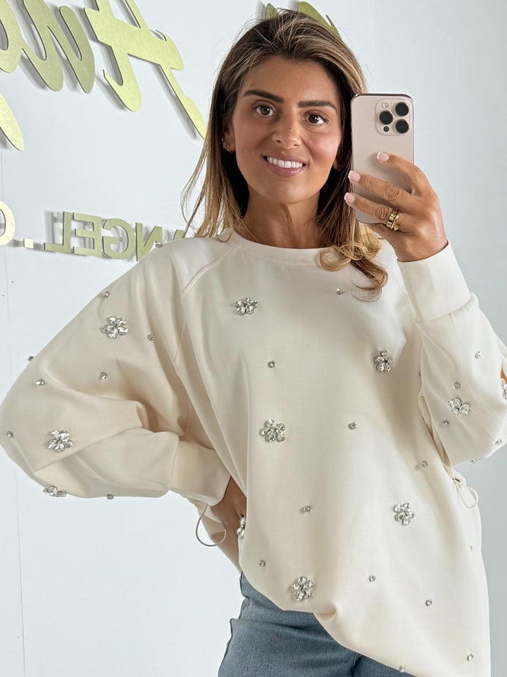 Cream Drawstring Back Diamante Flower Oversize Jumper