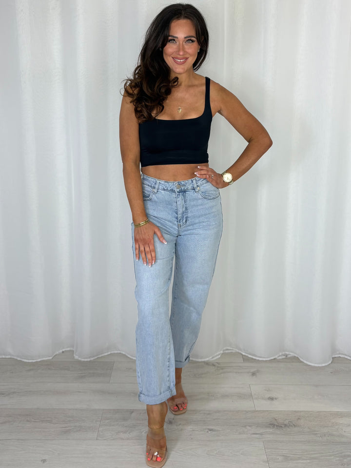 Light Denim Turn Up Bottom Mom Jeans