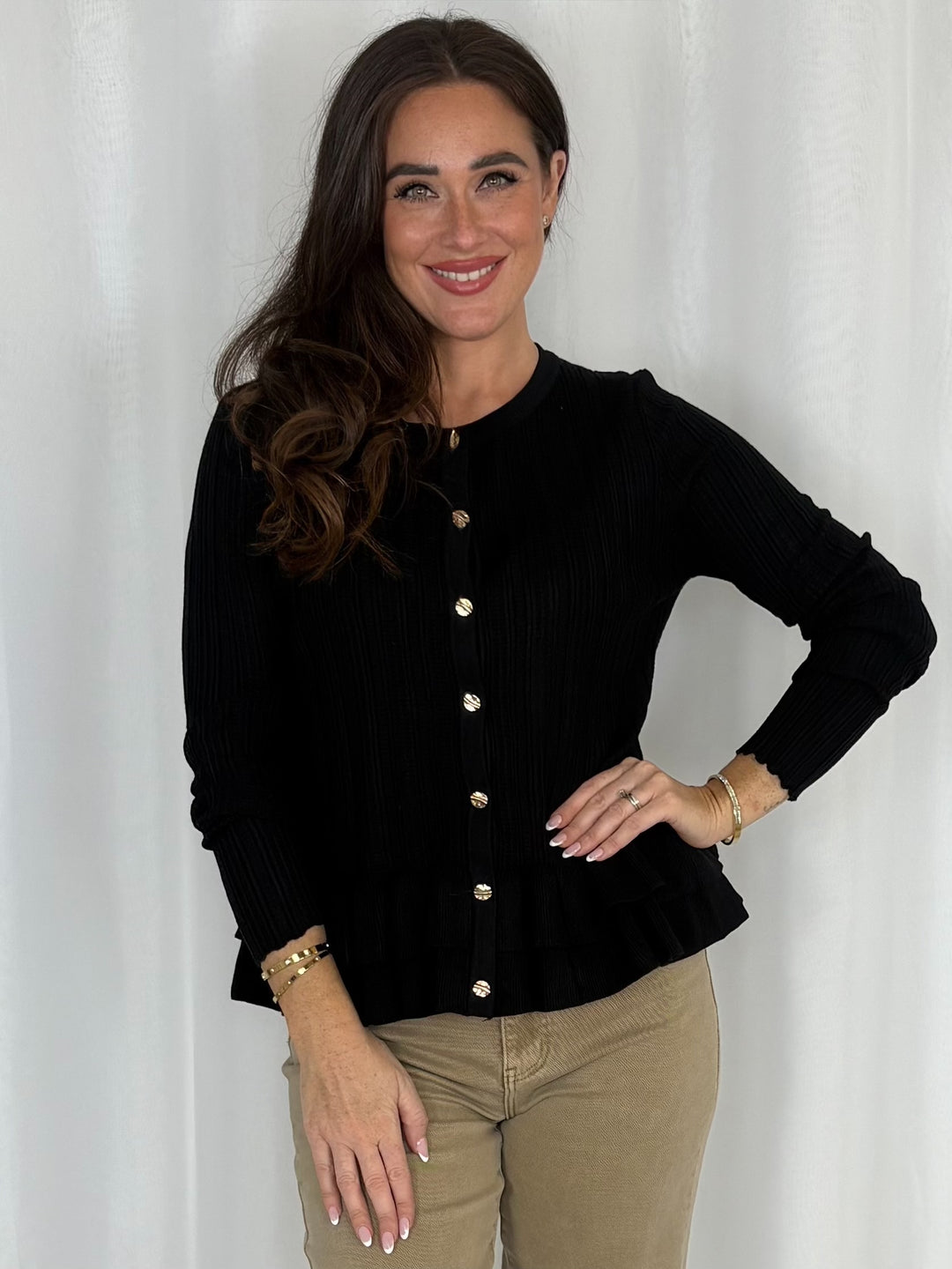 Ribbed Frill Trim Gold Button Top (3 Colours)
