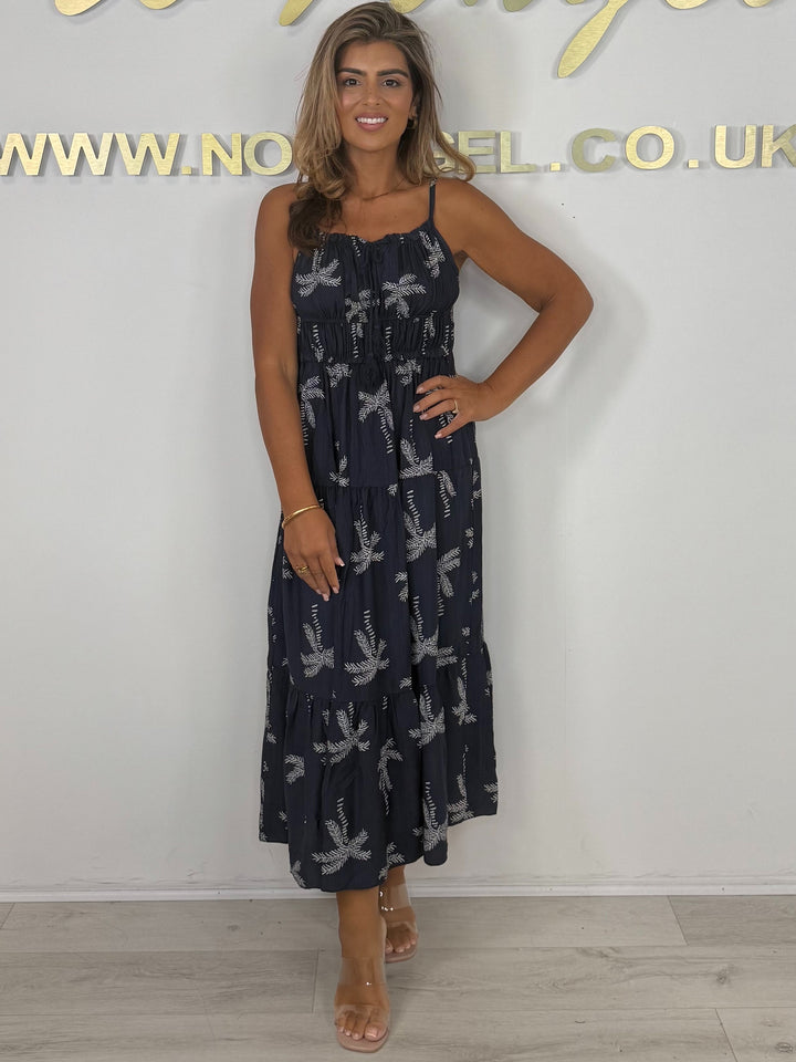 Spaghetti Strap Palm Tree Print Tiered Smocked Tassel Detail Midi Dress (2 Colours)