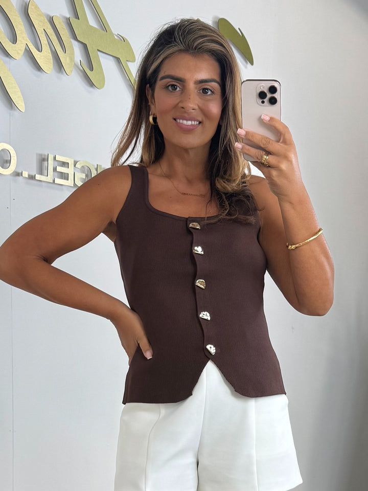 Gold Button Split Front Square Neck Top (2 Colours)