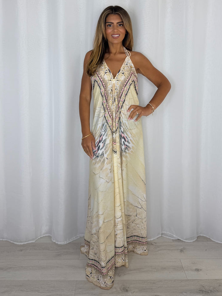 V-Neck Jewelled Printed Low Back Maxi Dress (2 Colours)