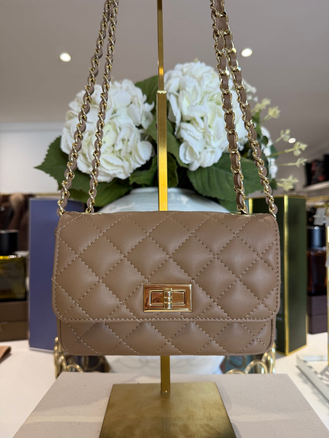 Genuine Leather Quilted Turn Lock Chain Handle Handbag (8 Colours)