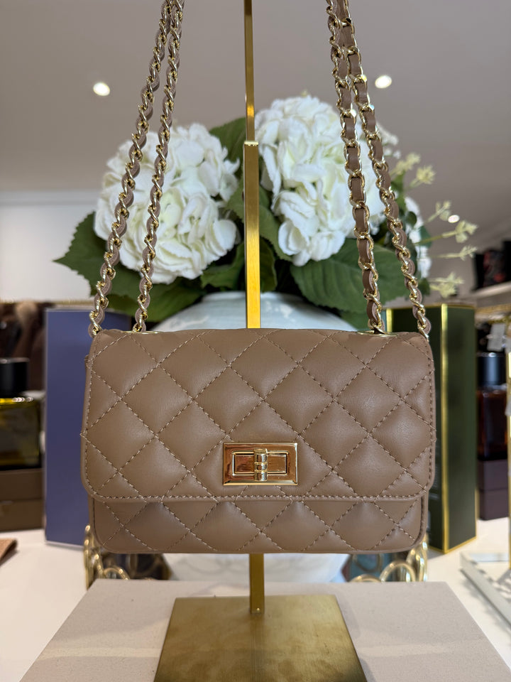 Genuine Leather Quilted Turn Lock Chain Handle Handbag (8 Colours)