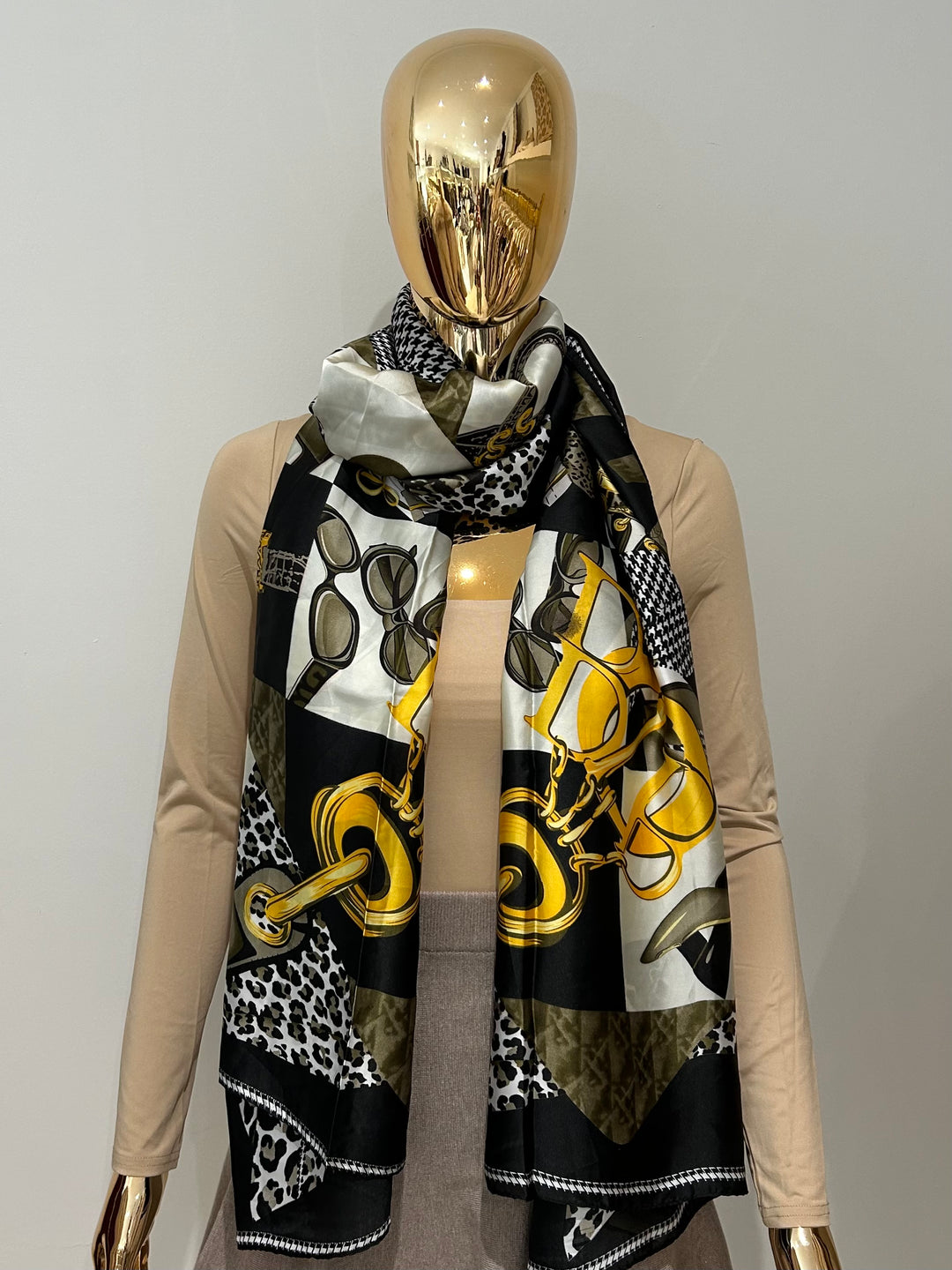 Satin Printed Leopard Bag Watch Design Scarf (2 Colours)