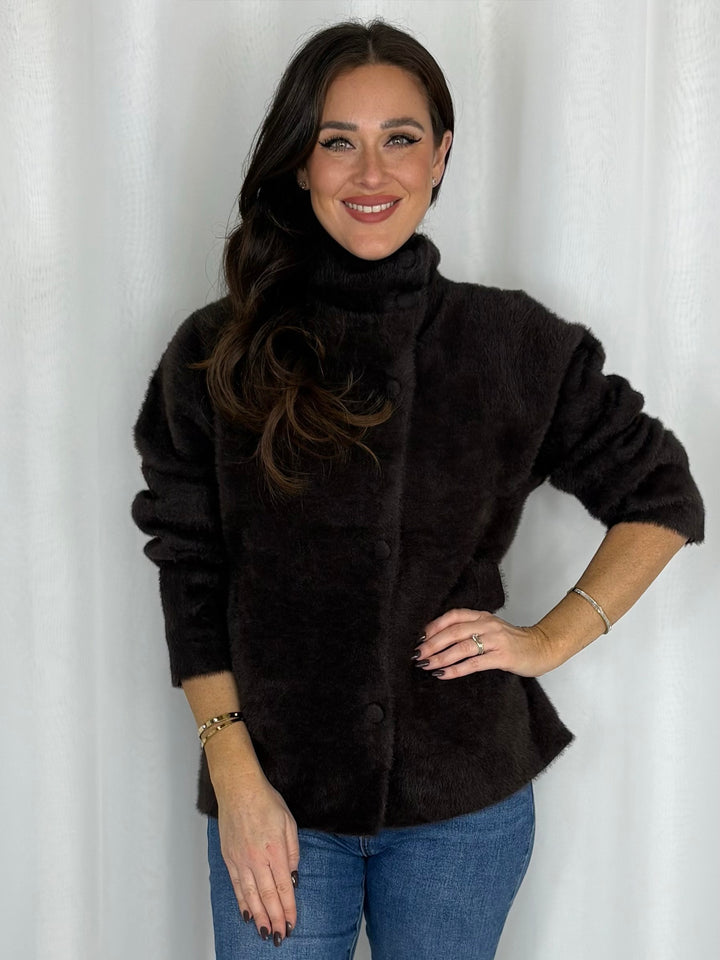 Fluffy High Neck Button Front Cardigan