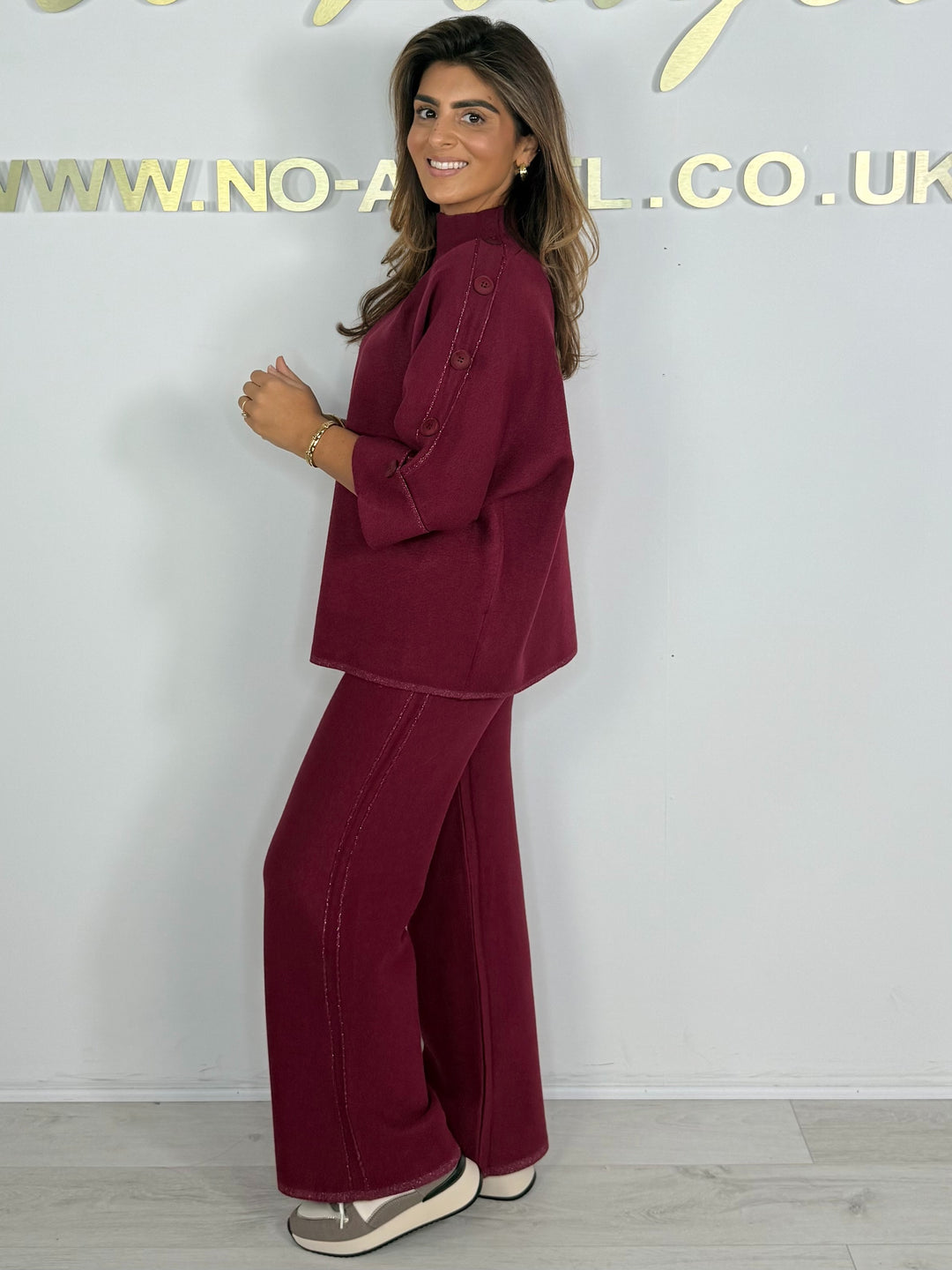 Turtle Neck 3/4 Sleeve Shimmer Trim Button Detail Trouser Co-ord (6 Colours)