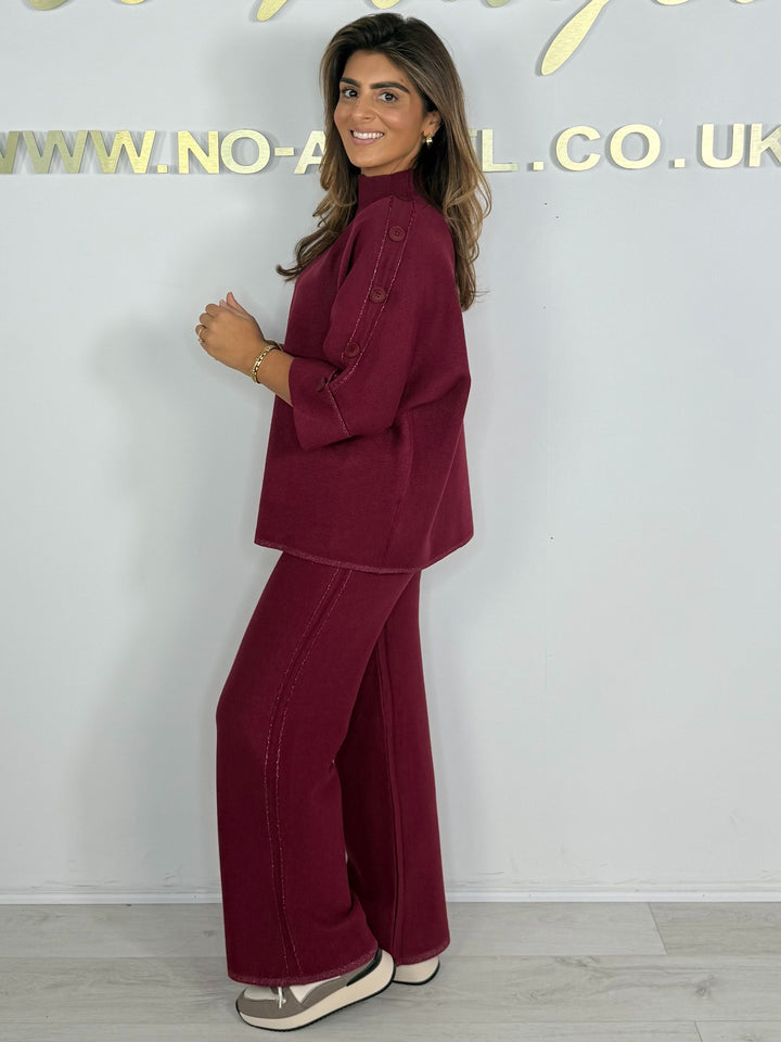 Turtle Neck 3/4 Sleeve Shimmer Trim Button Detail Trouser Co-ord (6 Colours)