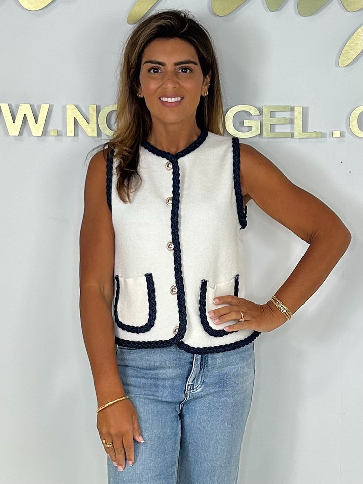 Soft Knit Denim Rope Trim Waistcoat