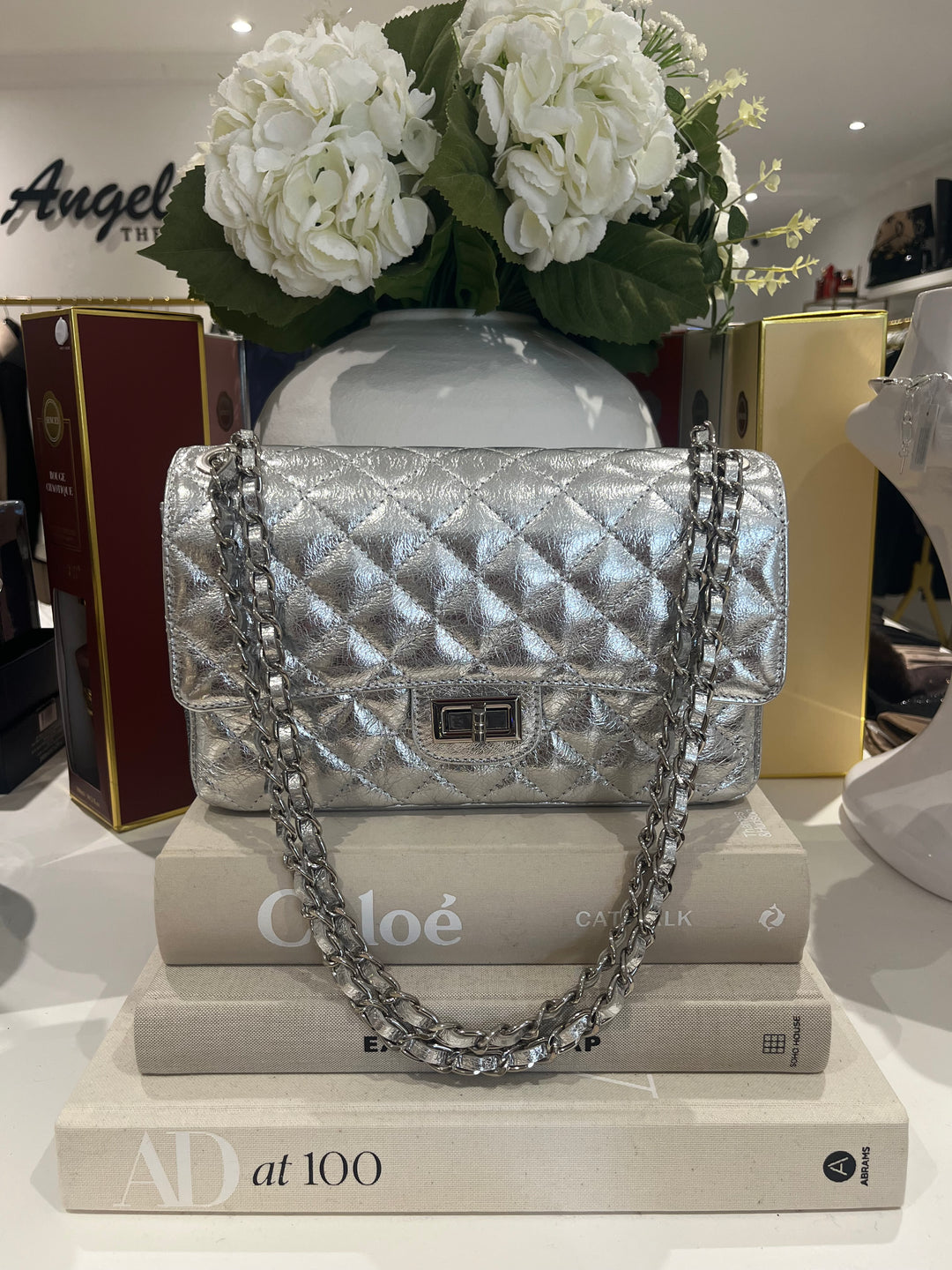 Large Genuine Leather Quilted Turn Lock Chain Handle Handbag (8 Colours)