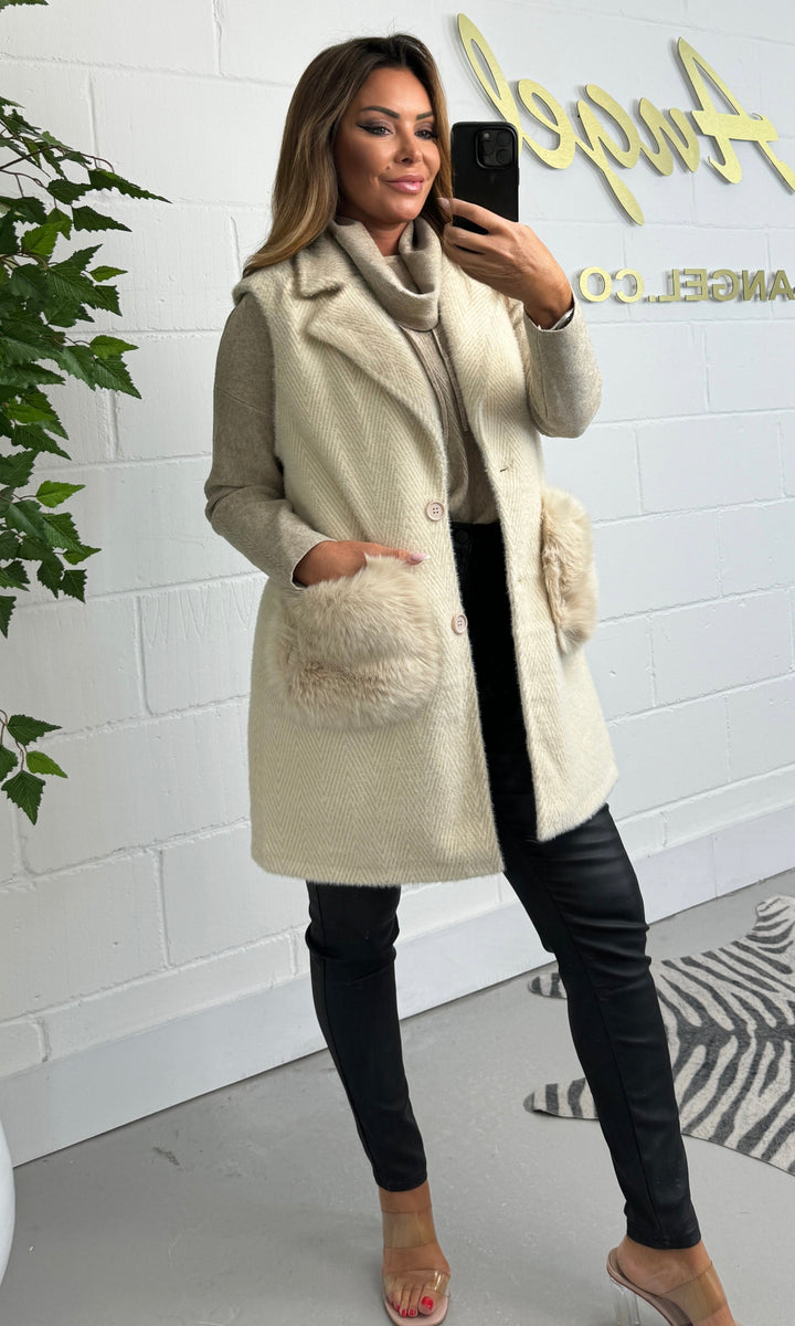 Cream Herringbone Tie Waist Faux Fur Pocket Waistcoat