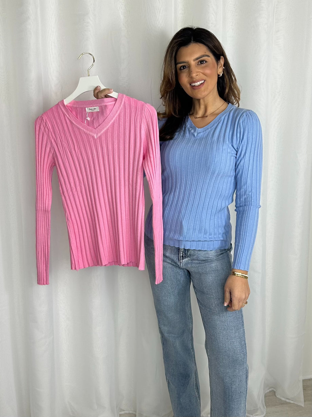 Ribbed V-Neck Long Sleeve Jumper (2 Colours)