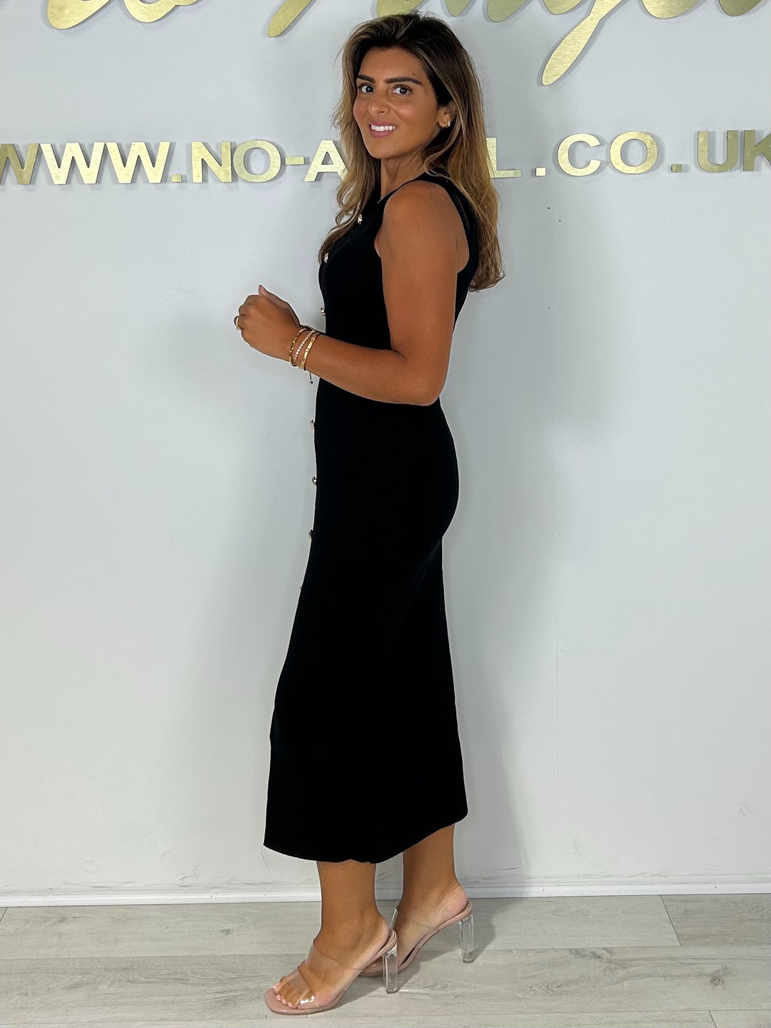 Soft Knit Sleeveless Gold Button Front Split Dress (2 Colours)