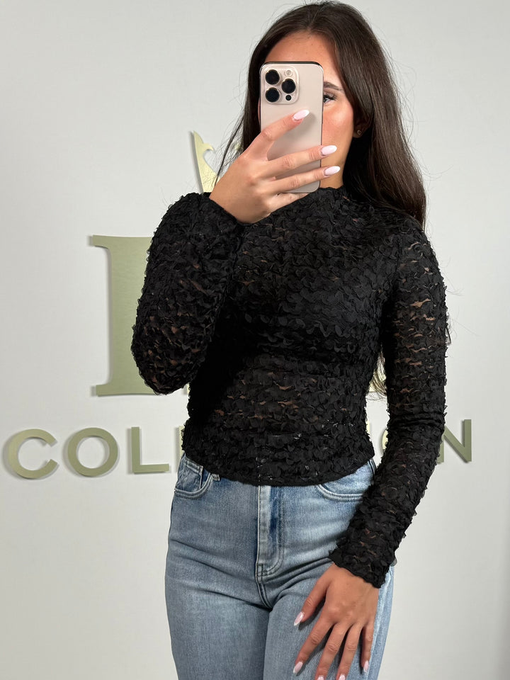 Textured Flower Detail Mesh Top (2 Colours)