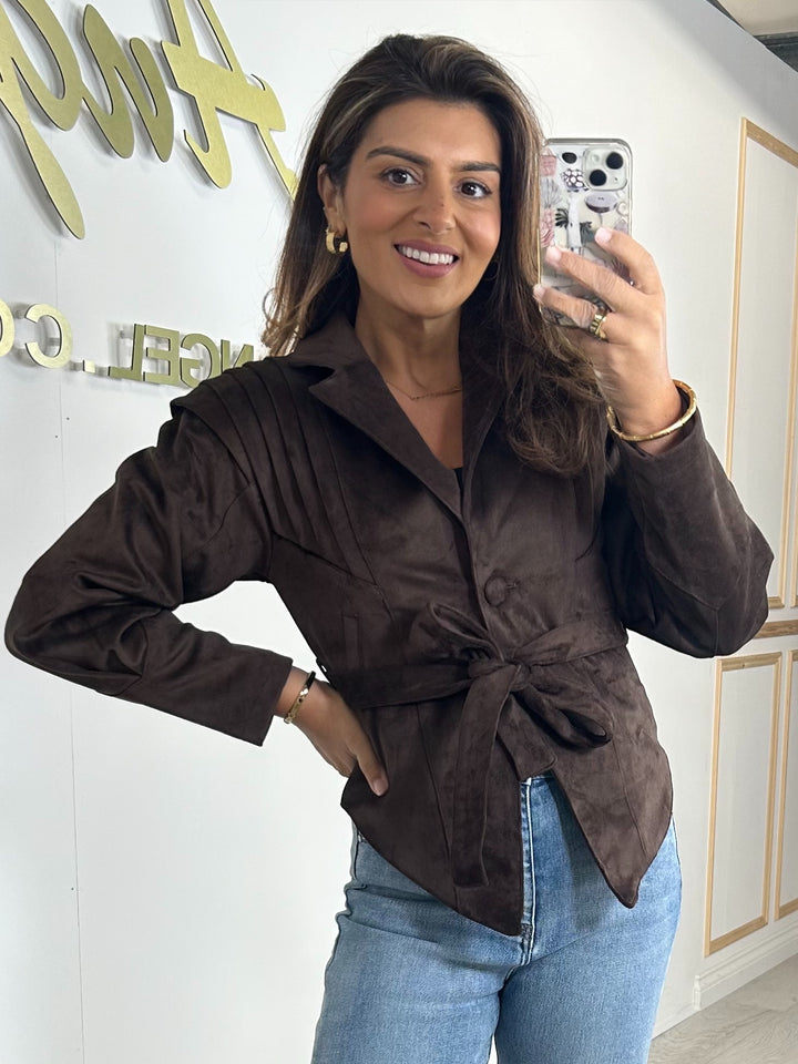 Suedette Collared Pleated Shoulder Belted Jacket (2 Colours)