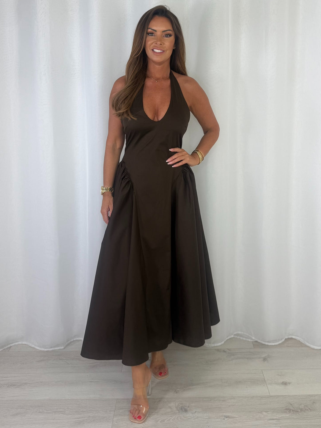 Low V-Neck Peplum Style Midi Dress (3 Colours)