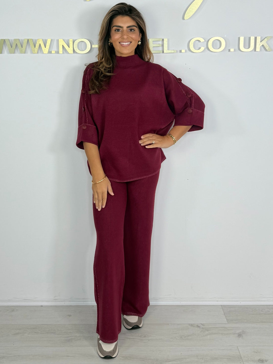 Turtle Neck 3/4 Sleeve Shimmer Trim Button Detail Trouser Co-ord (6 Colours)