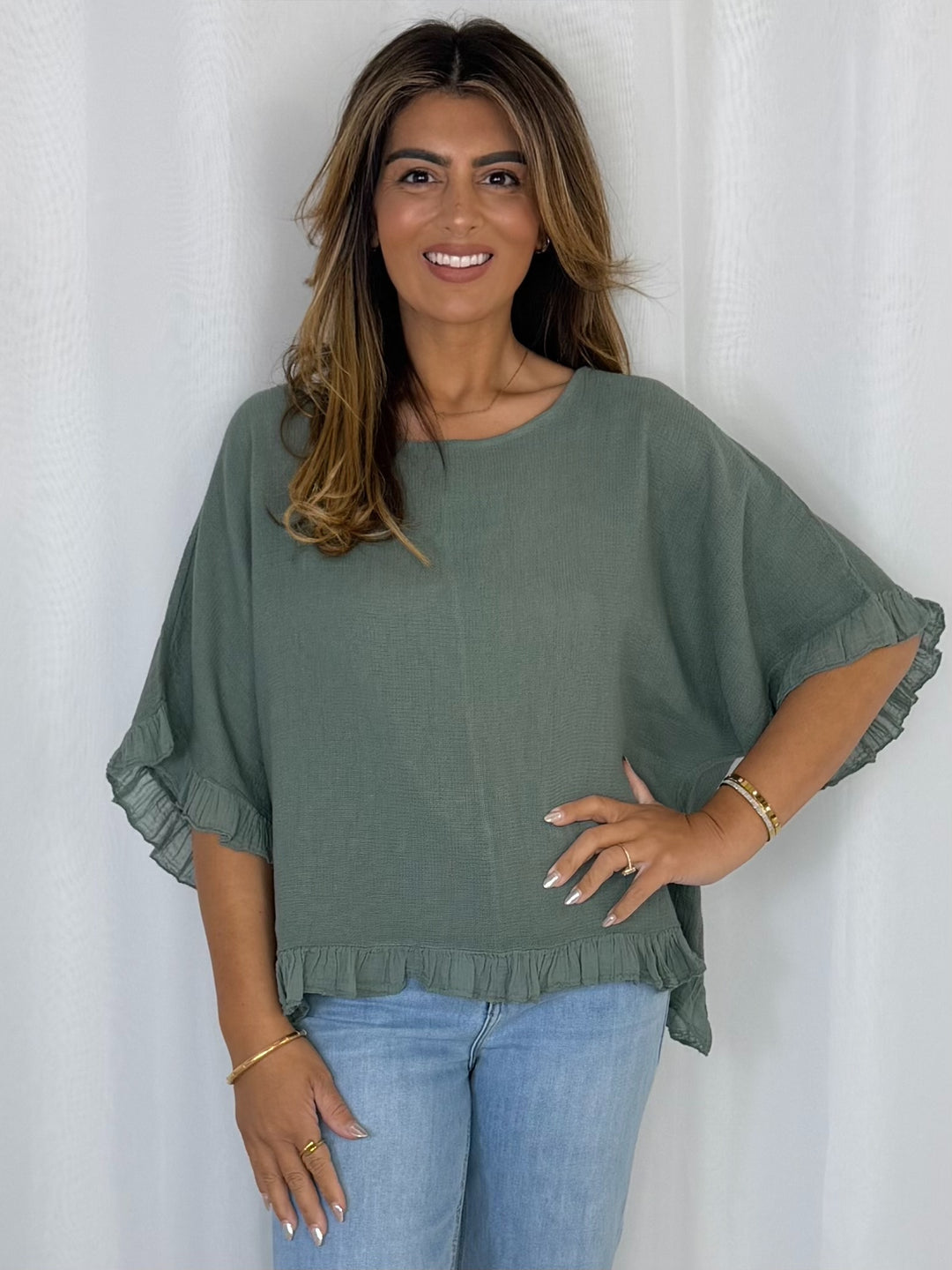 Frill Trim Batwing Top (10 Colours)