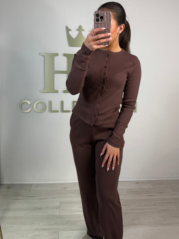 Button Up Ribbed Straight Leg Trouser Co-Ord (2 Colours)