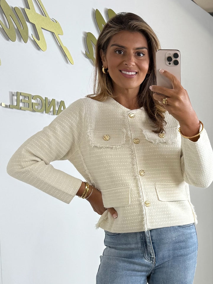 Cream Shimmer Fleck Raw Edge Gold Button Cardigan