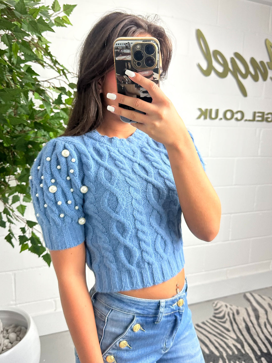 Knitted Puff Sleeve Pearl Detail Cropped Jumper ( 2 colours )