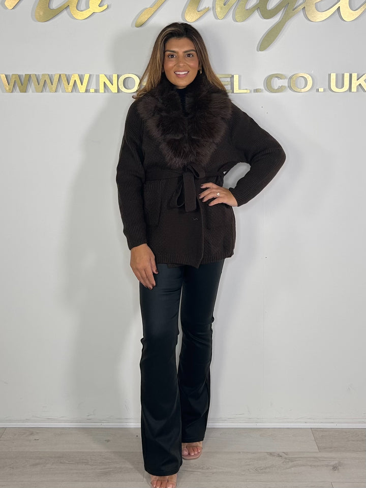 Faux Fur Detail Belted Cardigan (2 Colours)