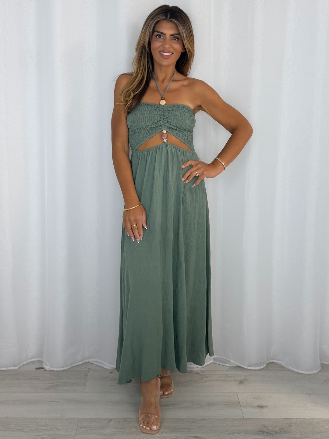 Stoned Cut Out Detailed Cinched Midi Dress (4 Colours)