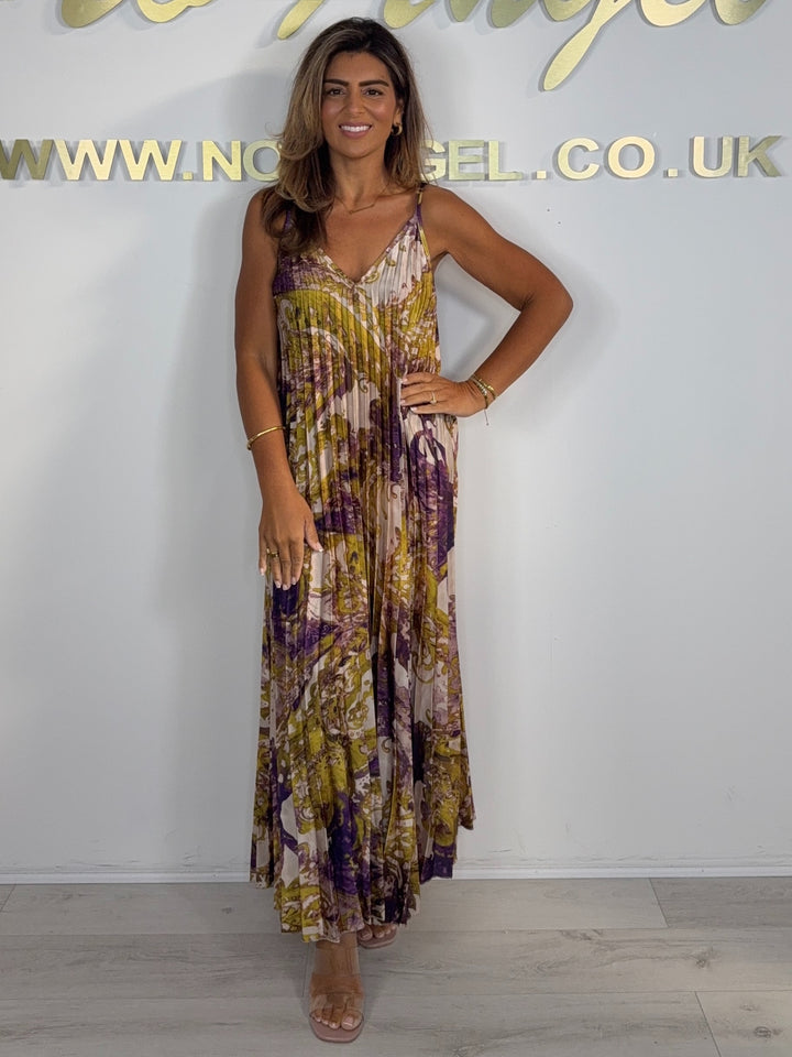 Pleated Printed Spaghetti Strap Maxi Dress (3 Colours)