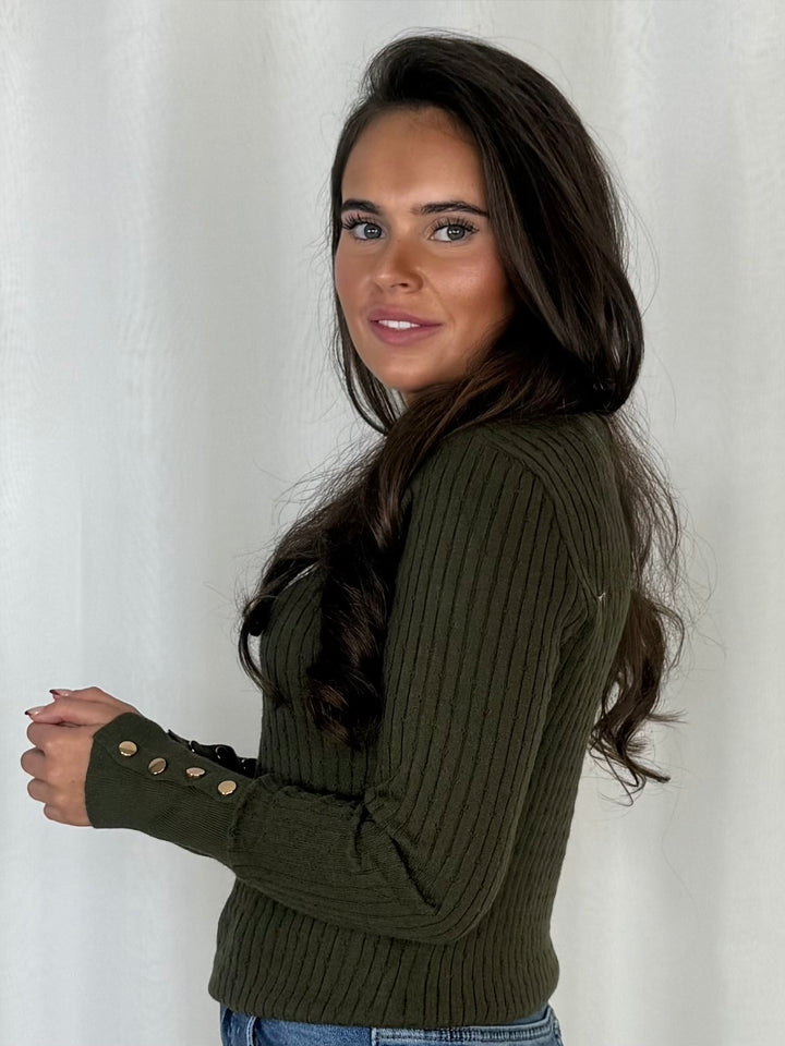 Fine Ribbed Knit Gold Button Cuff Jumper (6 Colours)