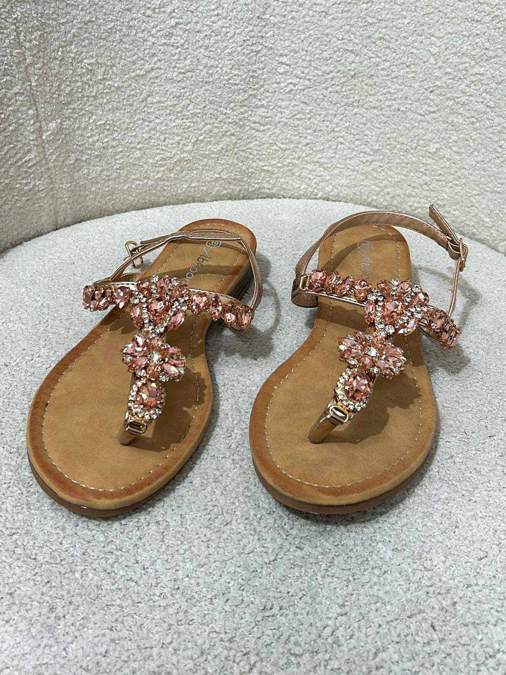 Rose Gold T Bar Flower Detail Diamante Sandals