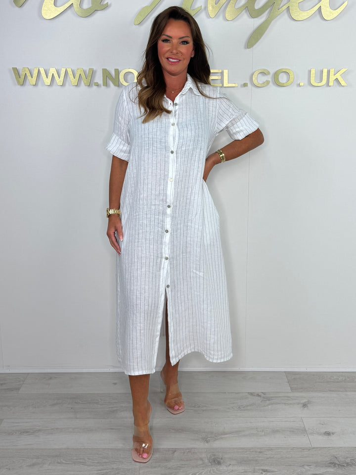 Linen Pinstripe Button Up Collared Maxi Dress (4 Colours)