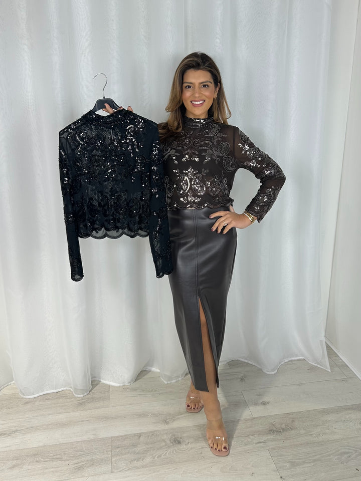 Sheer Jewelled Swirl Print High Neck Top (2 Colours)