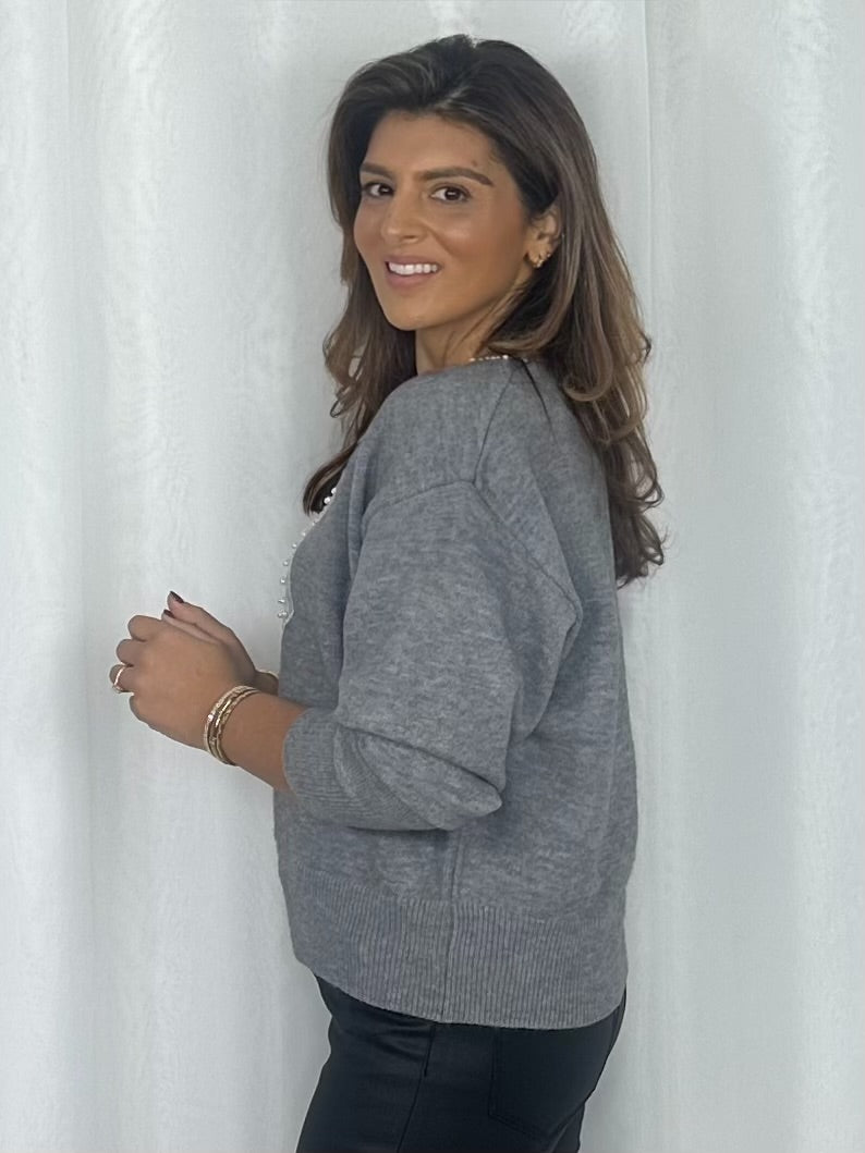 V-Neck Pearl Bow Detail Jumper (4 Colours)