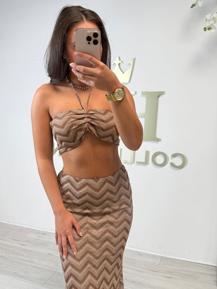 Taupe Zigzag Halter Neck Cropped Corset Back Top & Midi Skirt Co-ord