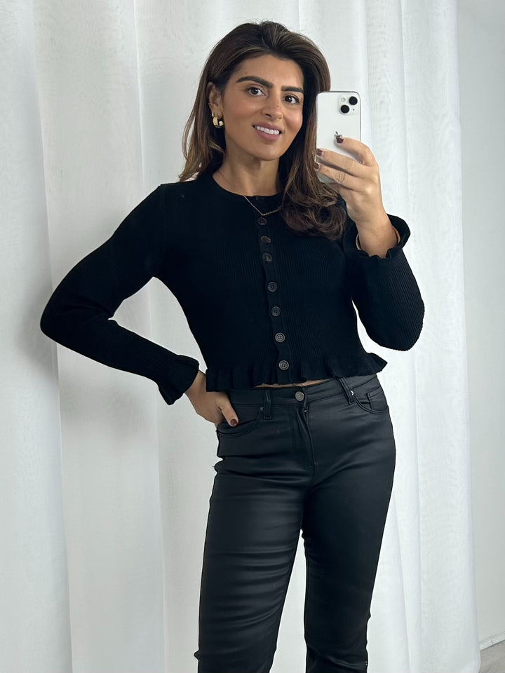 Ribbed Long Sleeve Frill Trim Button Top (2 Colours)