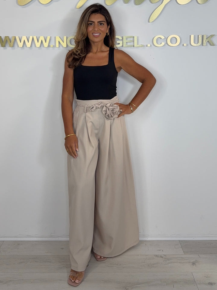 Wide Leg Plaited Belt Detail Flower Broach Trousers (4 Colours)