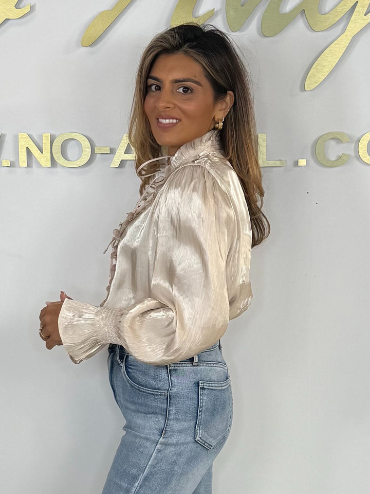 Fringe Detail Grandad Collar Jewelled Detail Balloon Sleeve Blouse (3 Colours)