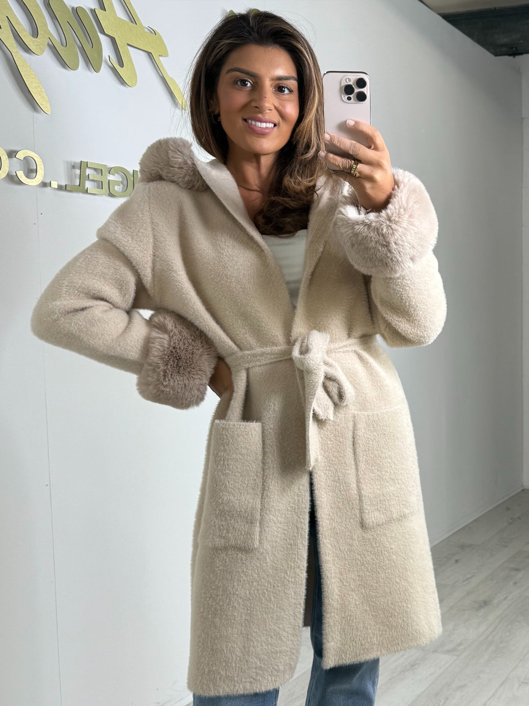 Faux Fur Trim Hooded , Belted Jacket (3 Colours)