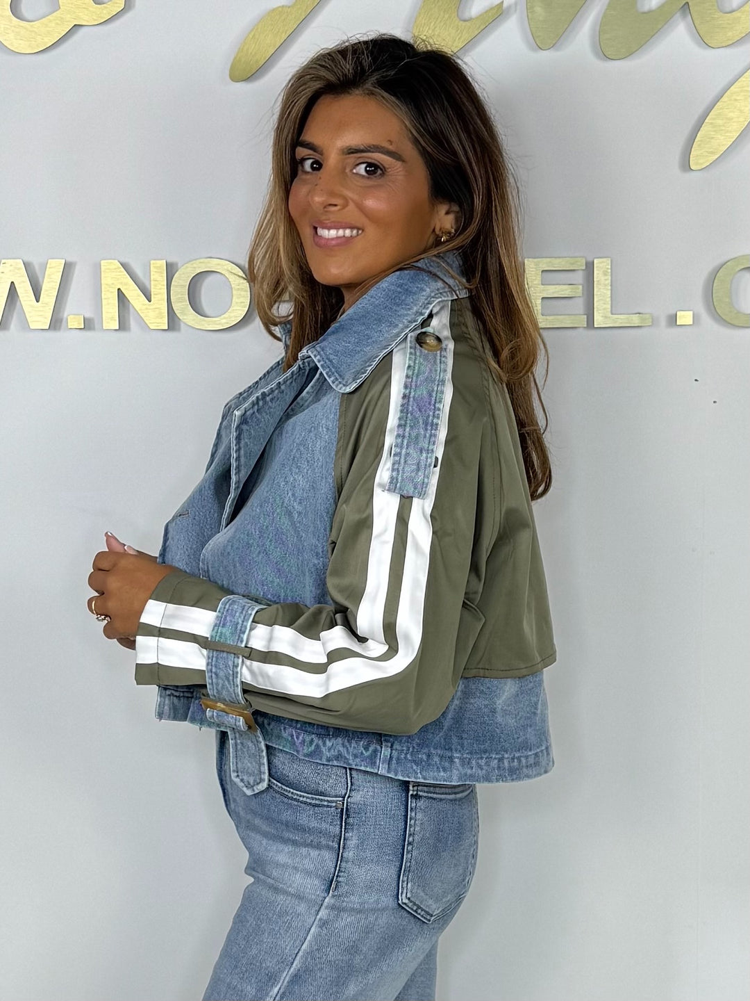 Denim Collared Khaki White Stripe Detail Double Breasted Jacket